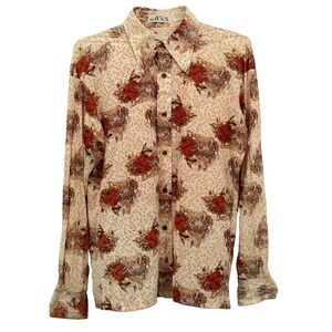 VTG Brutus 1970s Disco Button Up Shirt Rave Mens Sz L Child Dog Geometric Print